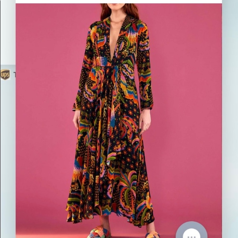 Farm Rio Black Macaw Island Long Sleeve Maxi Dress